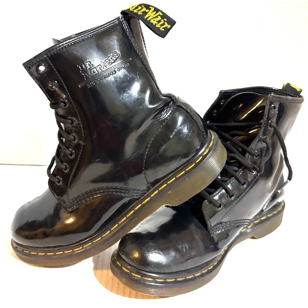 Dr. Martens Shiny Black Boots with Yellow Stitching